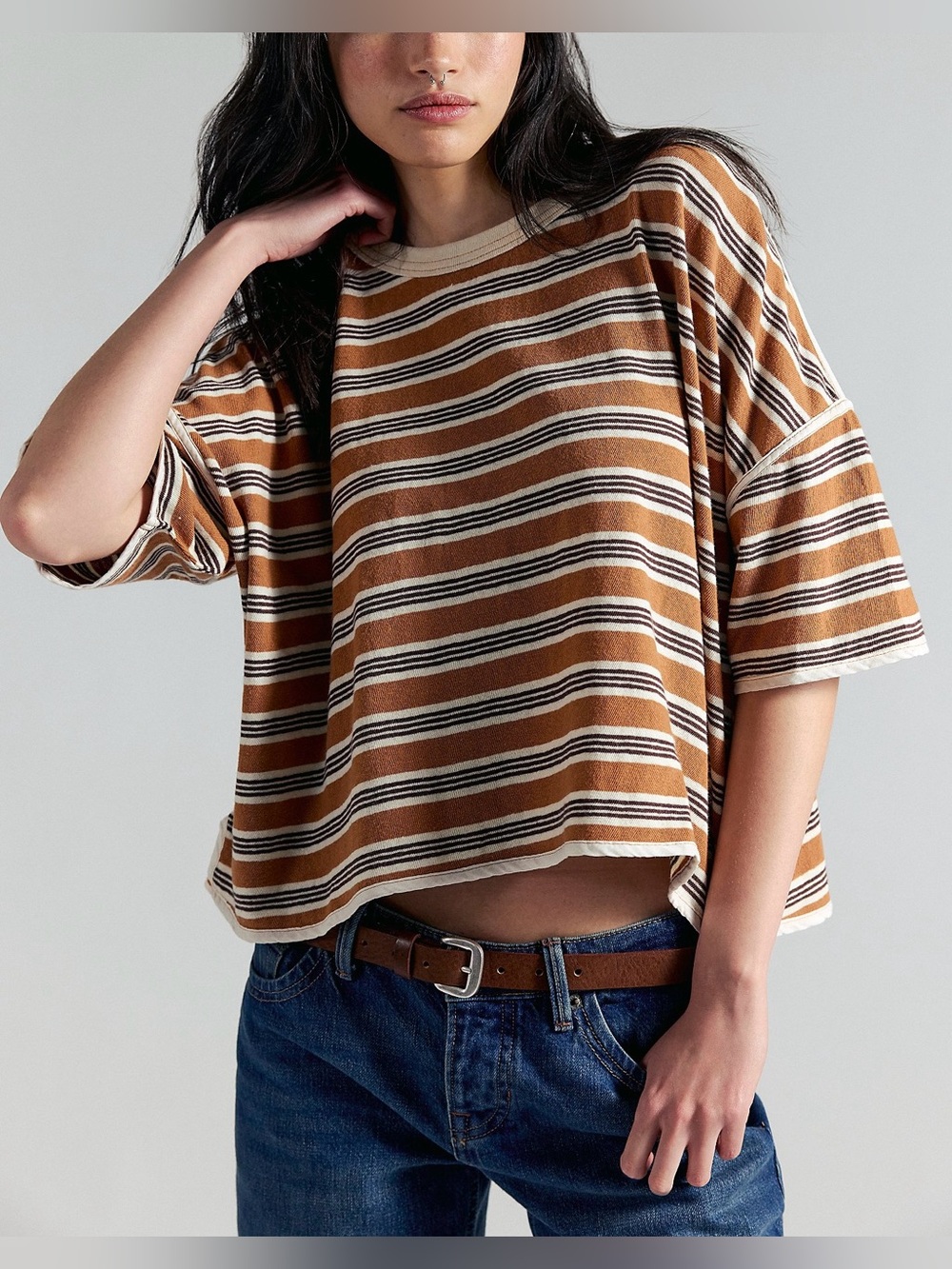 NWOT Free People We The Free Clean Rugby Tee - almond combo brown - XS *IR*. - Picture 3 of 11